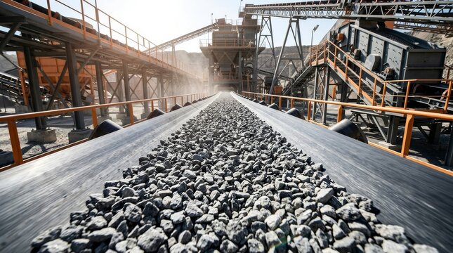 Crushed stone aggregates moving on an industrial conveyor belt in a modern quarry.