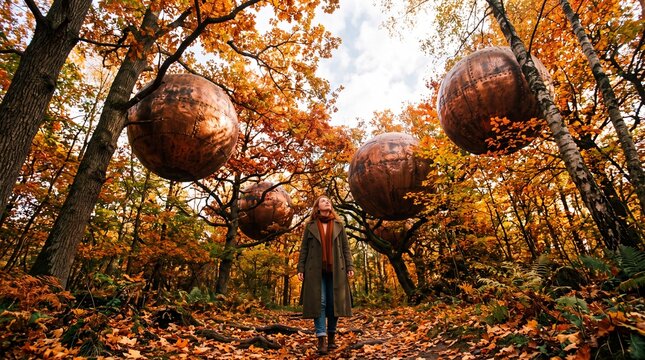 Woman Walking in Autumn Forest with Floating Copper Spheres