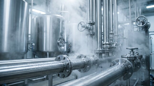 Stainless steel pipes and tanks undergoing a CIP sanitizing cycle with disinfectant vapor.