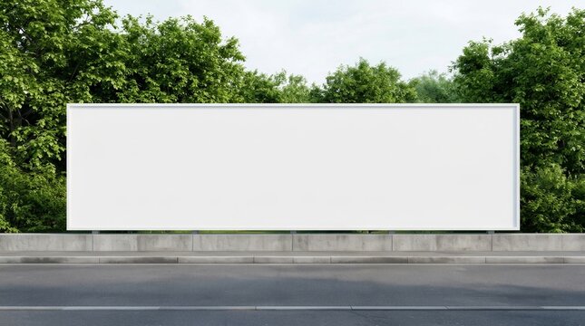 Large empty white advert billboard fixed on a concrete fence along a city street sidewalk.