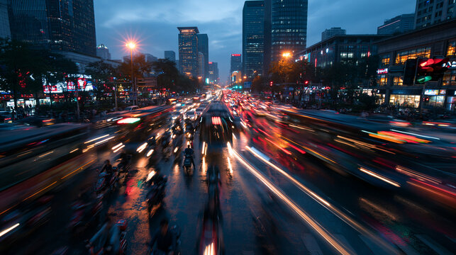 Busy City Traffic with Light Trails at Dusk