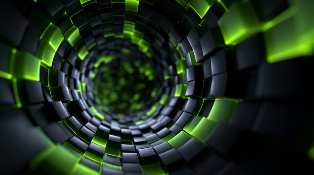 Futuristic 3D Cyber Tunnel with Glowing Green Cubes