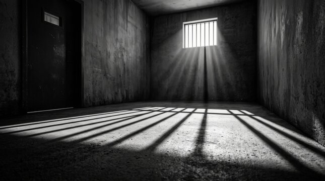 Black and white photography of sunlight casting shadows through a barred prison window.