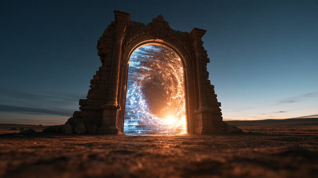 Glowing Portal Archway Opening to Galaxy in Desert