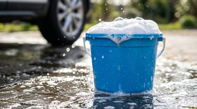 Blue bucket filled with soapy suds for car washing on a wet driveway.