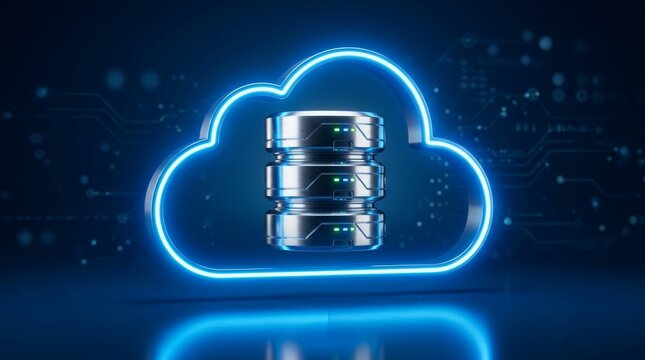 Metallic database cylinder icon inside a glowing blue neon cloud for cloud computing technology.