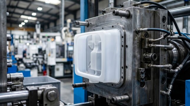 Industrial blow molding process showing a white plastic dualflush cistern tank.