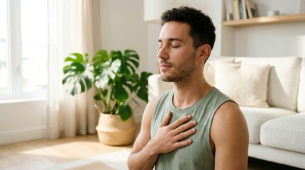 Fototapeta premium A calm man practicing breathing routine and mindfulness for wellness at home.
