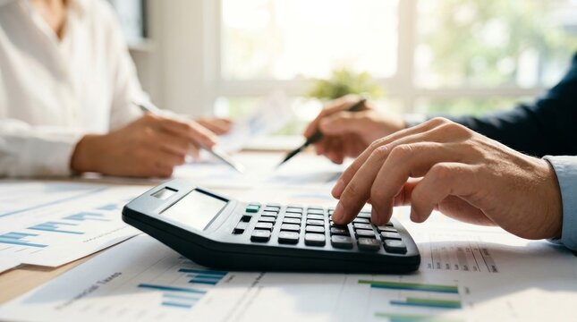 Professional financiers calculating personal taxes for their customers using a calculator.