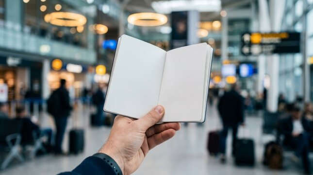 A hand holding a blank open passport booklet with empty pages for copy space at an airport terminal.