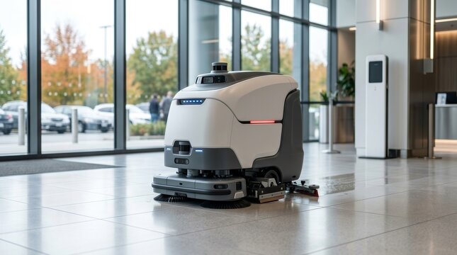 Autonomous cleaning robot operating on a tiled floor in a modern building.