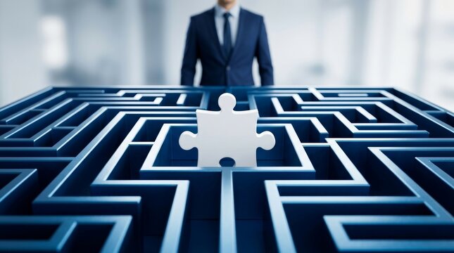 Businessman presenting a complex blue maze with a central white puzzle piece solution.