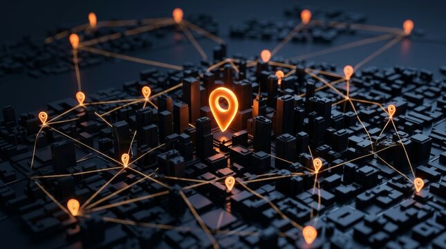 Digital geofencing in urban areas with a stylized city model and glowing map pins.