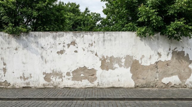 Long old concrete wall covered with white plaster on a city street.
