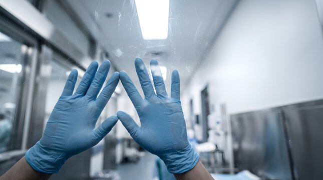 Medical practitioner wearing blue nitrile gloves pressing hands on glass
