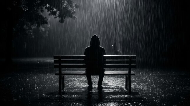 A solitary figure sits on a park bench in the dark during heavy rainfall.