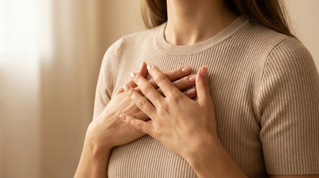 A woman placing her hands on her chest to find peace and calm through mindful breathing.