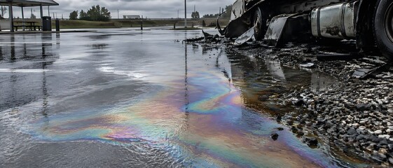 Obraz premium Iridescent diesel film spreading across wet asphalt at a roadside rest area beside wreckage