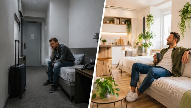 Cramped hotel room and cozy apartment stay with kitchen comfort