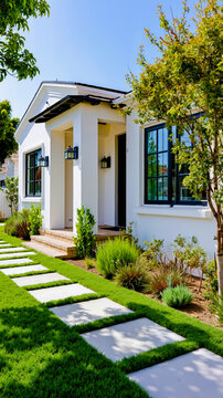 A white house with a black roof a front porch and a well-maintained garden
