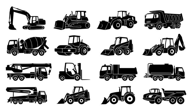 Construction Vehicles and Heavy Equipment Black Silhouette Vector Set Isolated on White