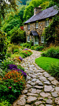 A picturesque stone cottage with a thatched roof surrounded by a lush garden with a stone path leading to it