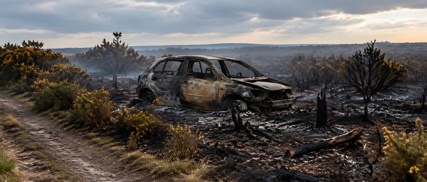 Fire gutted car shell resting in a gorse heath clearing after a heathland blaze with blackened stumps and blown ash