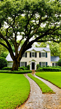 A large two-story house with a gray roof and black shutters surrounded by a well-manicured lawn and a tree