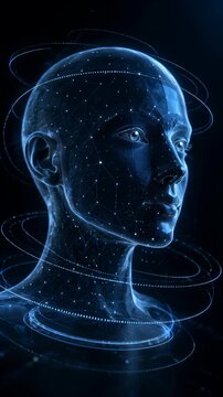 Translucent humanoid head holds a three-quarter profile while glowing blue network lines, bright nodes, and orbiting rings animate around face and neck against dark background