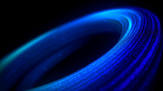 Glowing blue particle ring floating in dark space. Abstract circular neon light motion design. Futuristic digital technology portal background