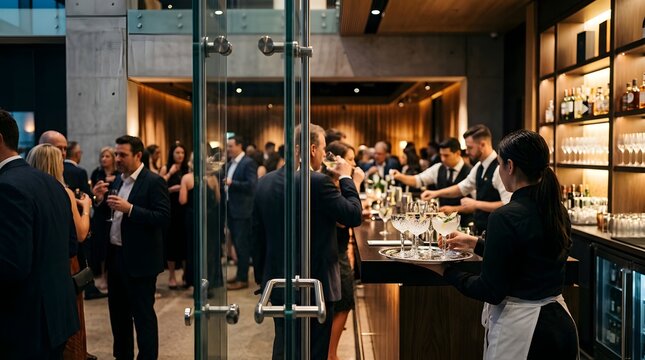 People networking at an upscale evening event in a modern bar