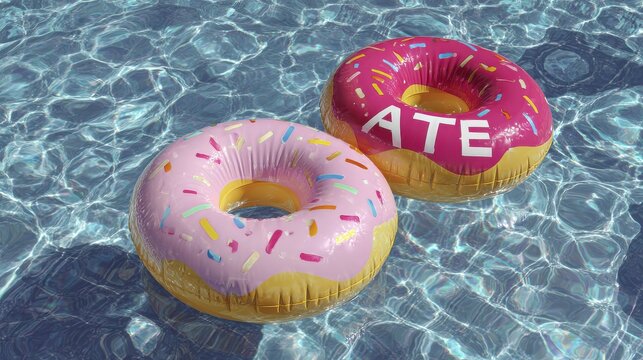 Two colorful donut shaped inflatable pool floats drifting on clear blue shimmering water during a sunny summer day at the resort