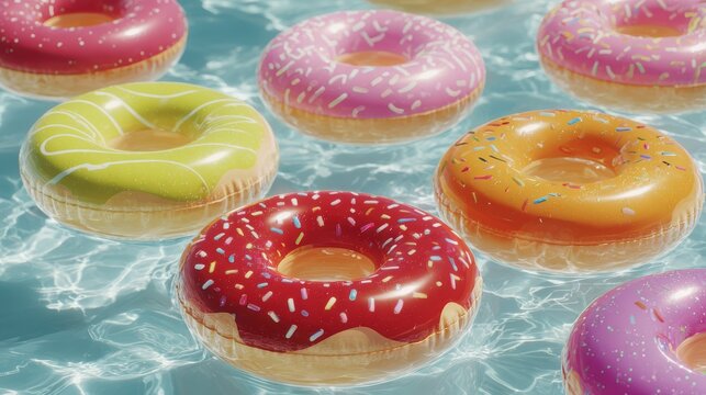 Colorful inflatable donut pool floats drifting on clear blue water during a sunny summer vacation day