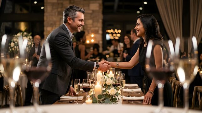 Professional business people shaking hands at a formal dinner gala