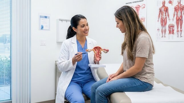 female doctor explaining reproductive system anatomy with a model to a patient in a medical clinic r