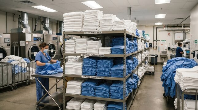 A hospital laundry worker folding clean linens in an industrial facility with shelves of sorted towe
