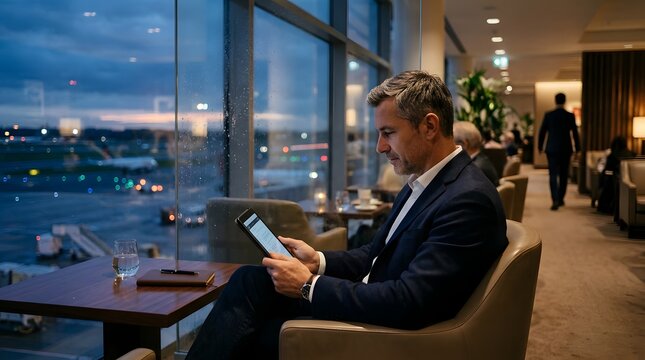 Professional man using digital tablet in a modern airport lounge at night