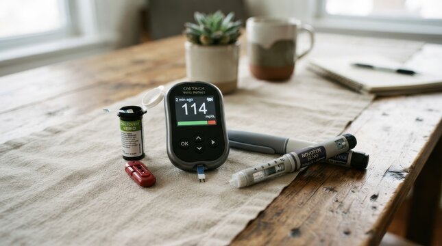 a close up of a blood glucose monitor with insulin pens and a test strip container on a wooden table