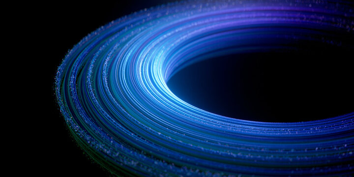 Blue particle ring on dark background. Futuristic fiber optic circular light trails and data stream motion concept