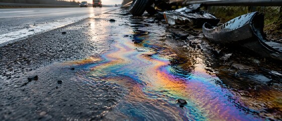 Obraz premium Iridescent diesel sheen spreading across the wet hard shoulder of a motorway beside roadside wreckage
