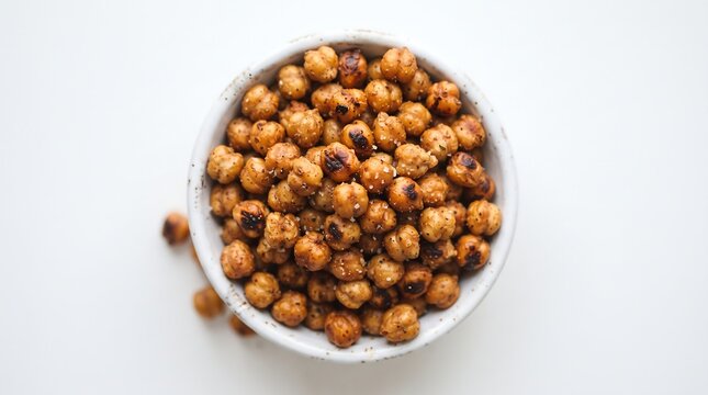 A white bowl filled with crunchy roasted chickpeas on a clean white background top view