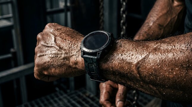 Rugged black sports watch on a muscular sweaty arm in an industrial gym
