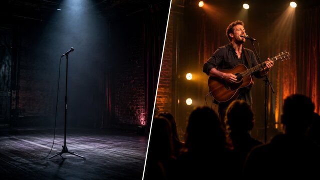 Empty stage and live acoustic performance with audience