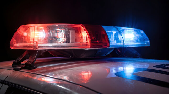 Emergency light bar flashing red and blue on patrol car at night. Law enforcement response and public safety concept.