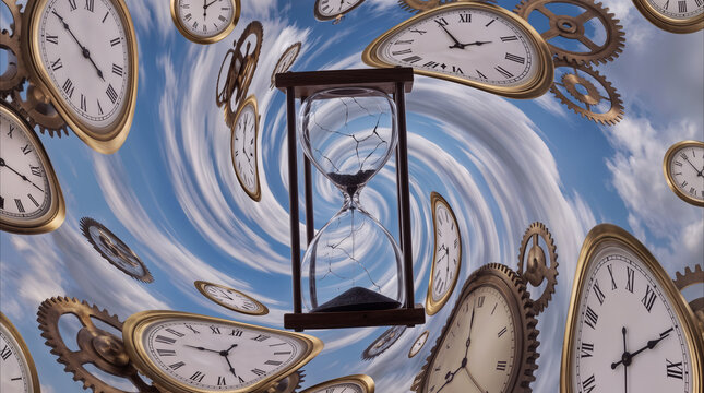 Cracked hourglass floating in a surreal vortex of melting clocks and gears. Concept of time distortion and the fleeting nature of existence.