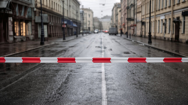 Red and white barrier tape blocking access to empty city street. Crime scene or restricted area in urban district during rainy day.