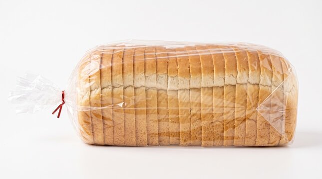 Fresh loaf of sliced white sandwich bread packaged inside a clear plastic bag against a seamless studio white background.