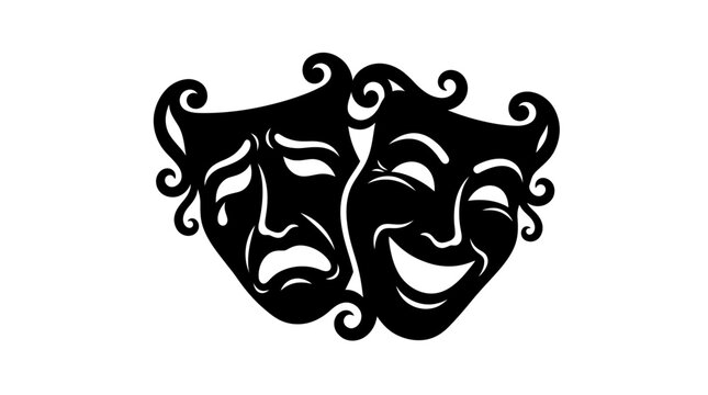 Black silhouette of comedy and tragedy masks against a white background