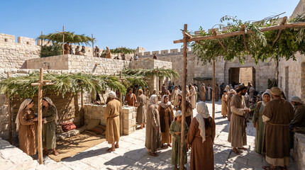Plakat Families build leafy booths on the rooftops and squares of Jerusalem for the Feast of Tabernacles, photorealistic depiction of the Old Testament story