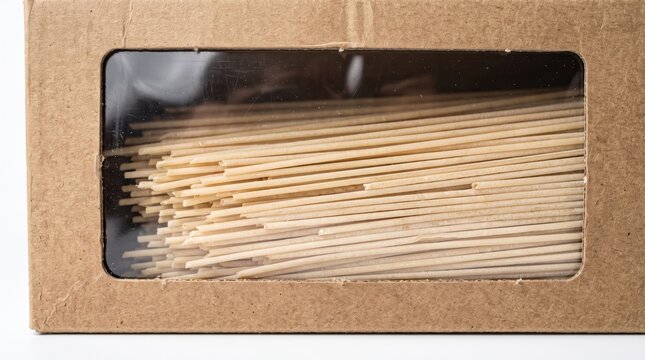 Uncooked spaghetti pasta packaged inside a brown cardboard box with a transparent plastic viewing window against bright studio background.